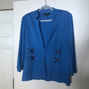 Ming Wang Cardigan Sweater PM Ribbed Knit blue mandarin collar 3/4 sleeve petite
